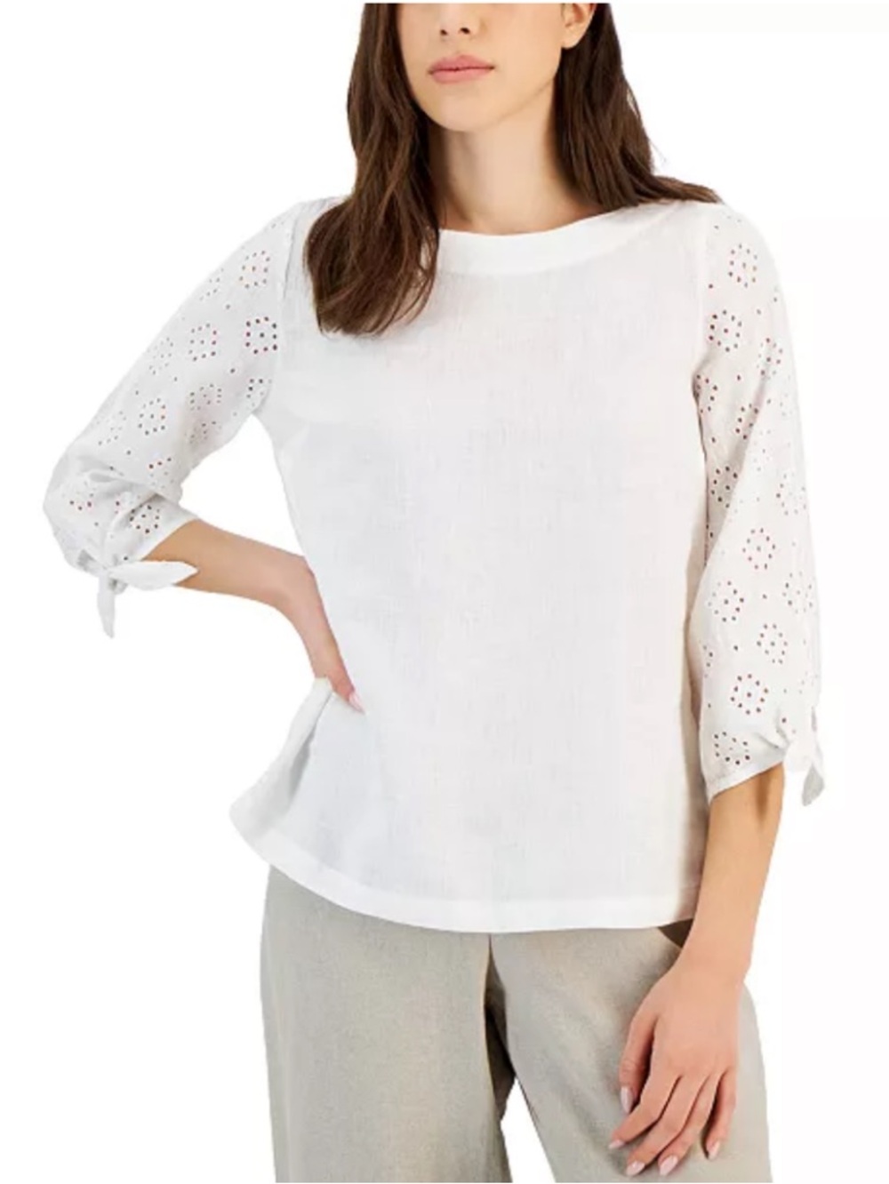 New 100% Linen Charter Club luxury White Eyelet Tie Sleeve Blouse Size P M - Picture 2 of 9